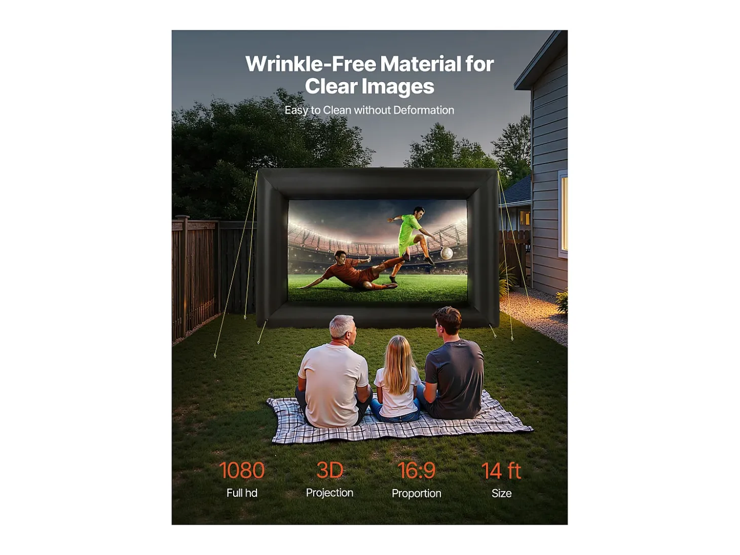 Tela de Projeção Inflável SucceBuy, Material 600D, Portátil com Saco de Armazenamento, Formato 16:9, Ideal para Home Cinema, 378 x 160 x 317 cm