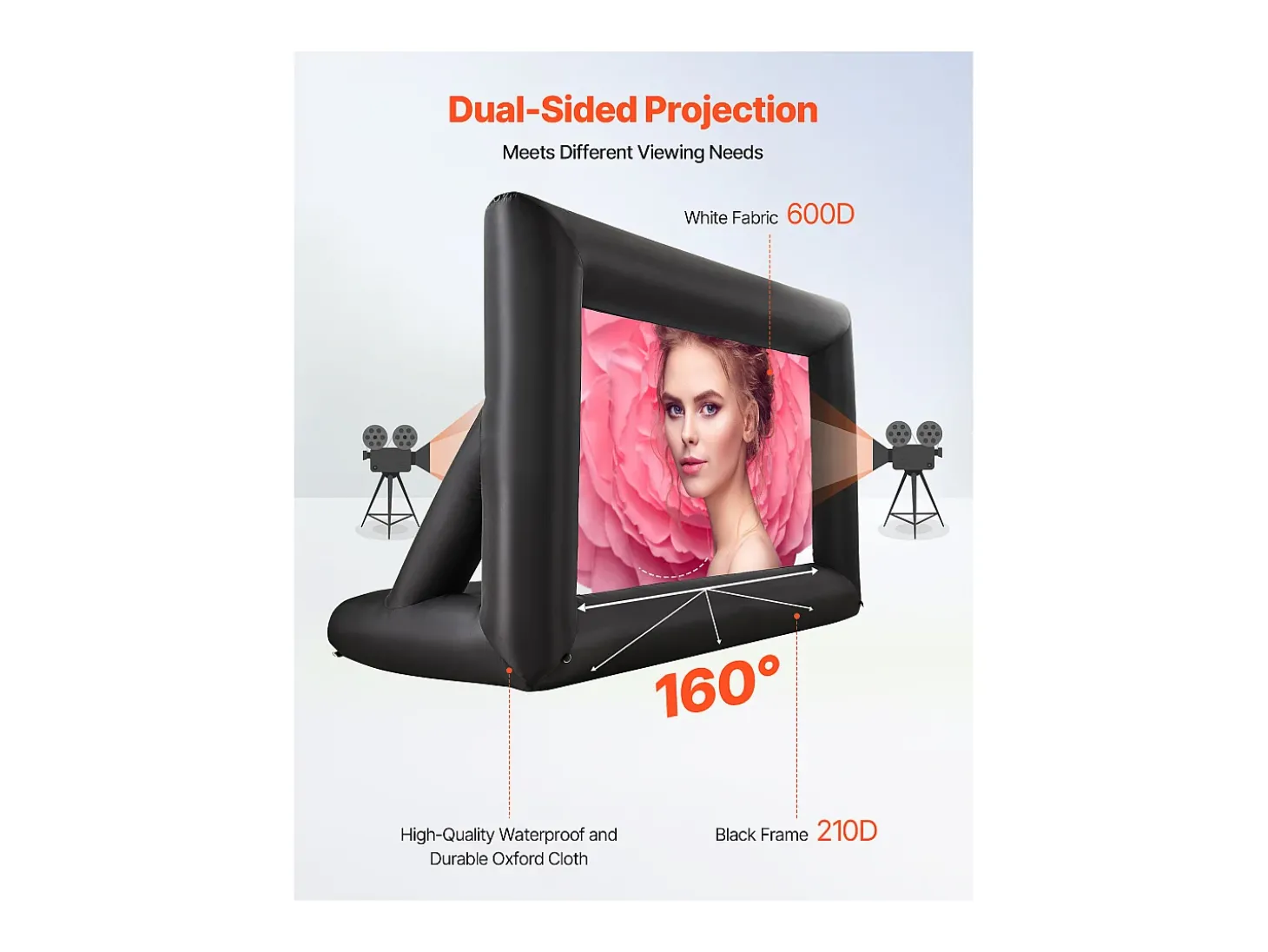 Tela de Projeção Inflável SucceBuy, Material 600D, Portátil com Saco de Armazenamento, Formato 16:9, Ideal para Home Cinema, 378 x 160 x 317 cm