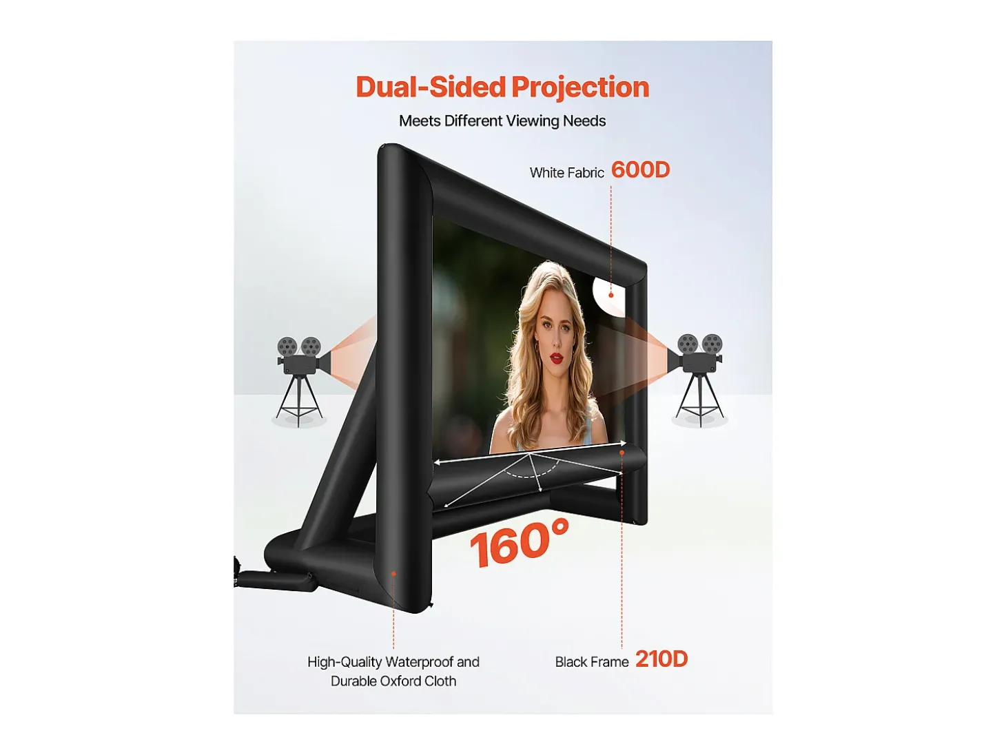 Tela de Projeção Inflável SucceBuy, Material 600D, Portátil com Saco de Armazenamento, Formato 16:9, Ideal para Home Cinema, 476 x 200 x 378 cm