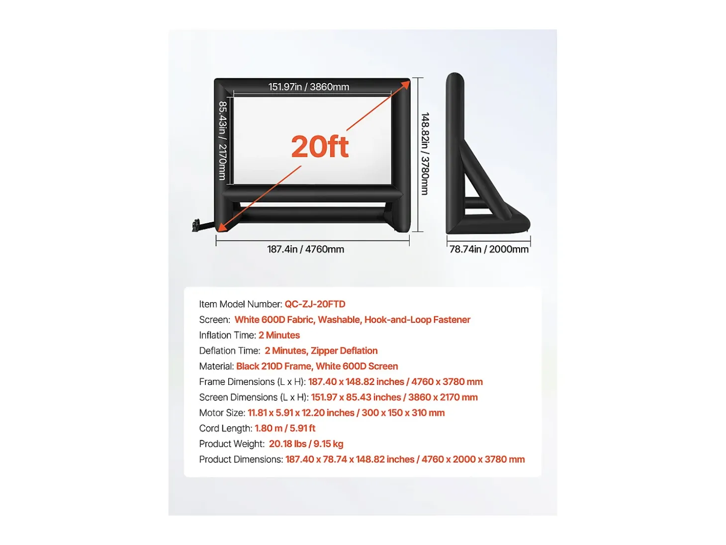 Tela de Projeção Inflável SucceBuy, Material 600D, Portátil com Saco de Armazenamento, Formato 16:9, Ideal para Home Cinema, 476 x 200 x 378 cm