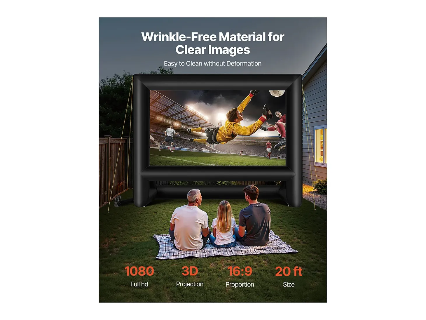 Tela de Projeção Inflável SucceBuy, Material 600D, Portátil com Saco de Armazenamento, Formato 16:9, Ideal para Home Cinema, 476 x 200 x 378 cm