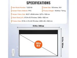 Tela de Projeção Motorizada SucceBuy, 100 Polegadas, Razão de Aspecto 16:9, 4K e 1080 Elétrica