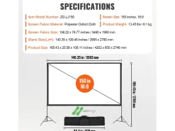 Tela de Projeção SucceBuy Portátil com Base, 381 cm, 16:9 HD de Duas Faces Anti-rugas e Grande Ângulo de Visão, para Projetores de Cinema em Casa