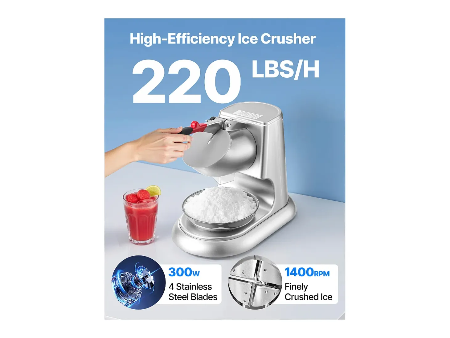Triturador de Gelo SucceBuy Elétrico Capacidade de 100 kg/h, Máquina de Gelo Picado a 4 Lâminas, de Aço Inoxidável, com Tigela e Tampa, 2000 rpm