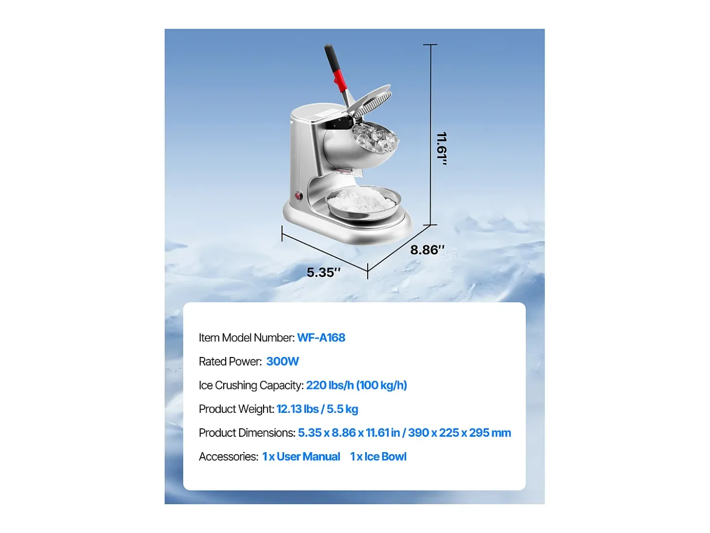 Triturador de Gelo SucceBuy Elétrico Capacidade de 100 kg/h, Máquina de Gelo Picado a 4 Lâminas, de Aço Inoxidável, com Tigela e Tampa, 2000 rpm