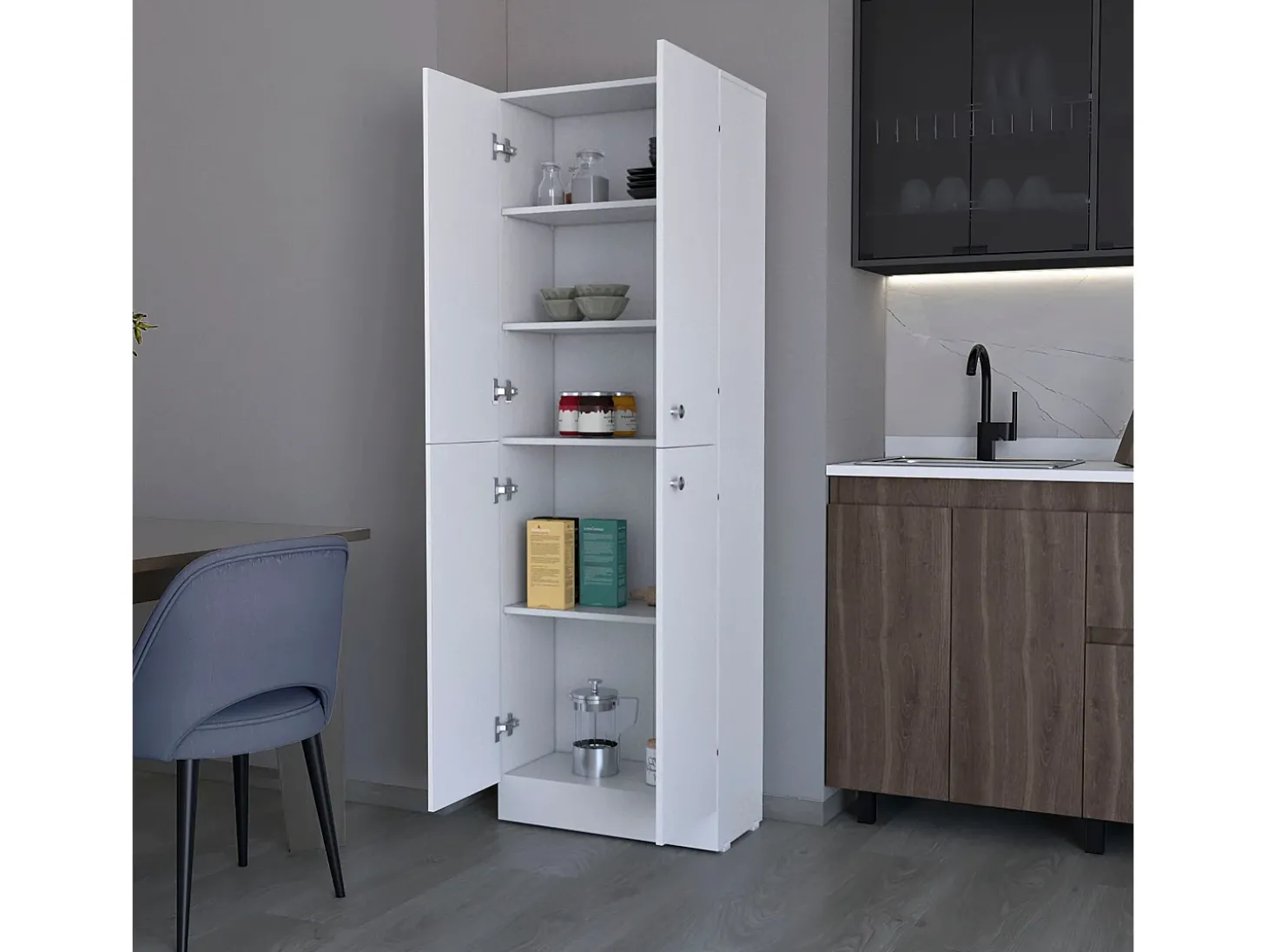 TUHOME Armário Despensa Cameron com 4 Portas e 5 Prateleiras Ocultas, Branco