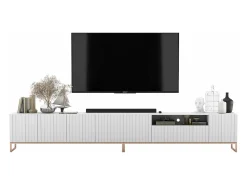 TV-meubel met 7 deuren en open nis – romp Mat wit, geribbelde fronten Mat wit – 300 cm, metalen frame