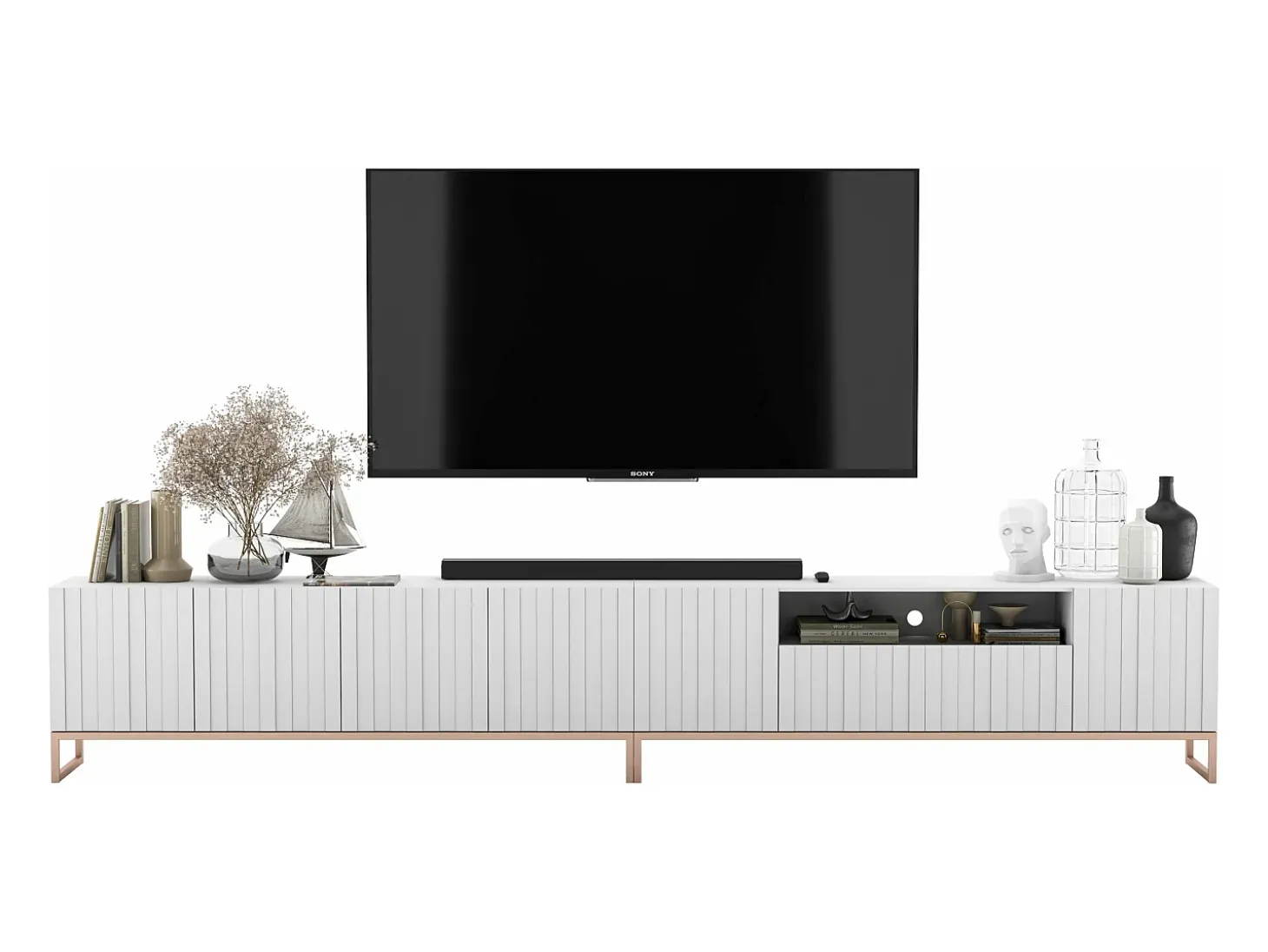 TV-meubel met 7 deuren en open nis – romp Mat wit, geribbelde fronten Mat wit – 300 cm, metalen frame