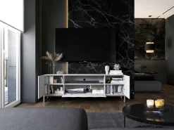 TV-meubel met 7 deuren en open nis – romp Mat wit, geribbelde fronten Mat wit – 300 cm, metalen frame