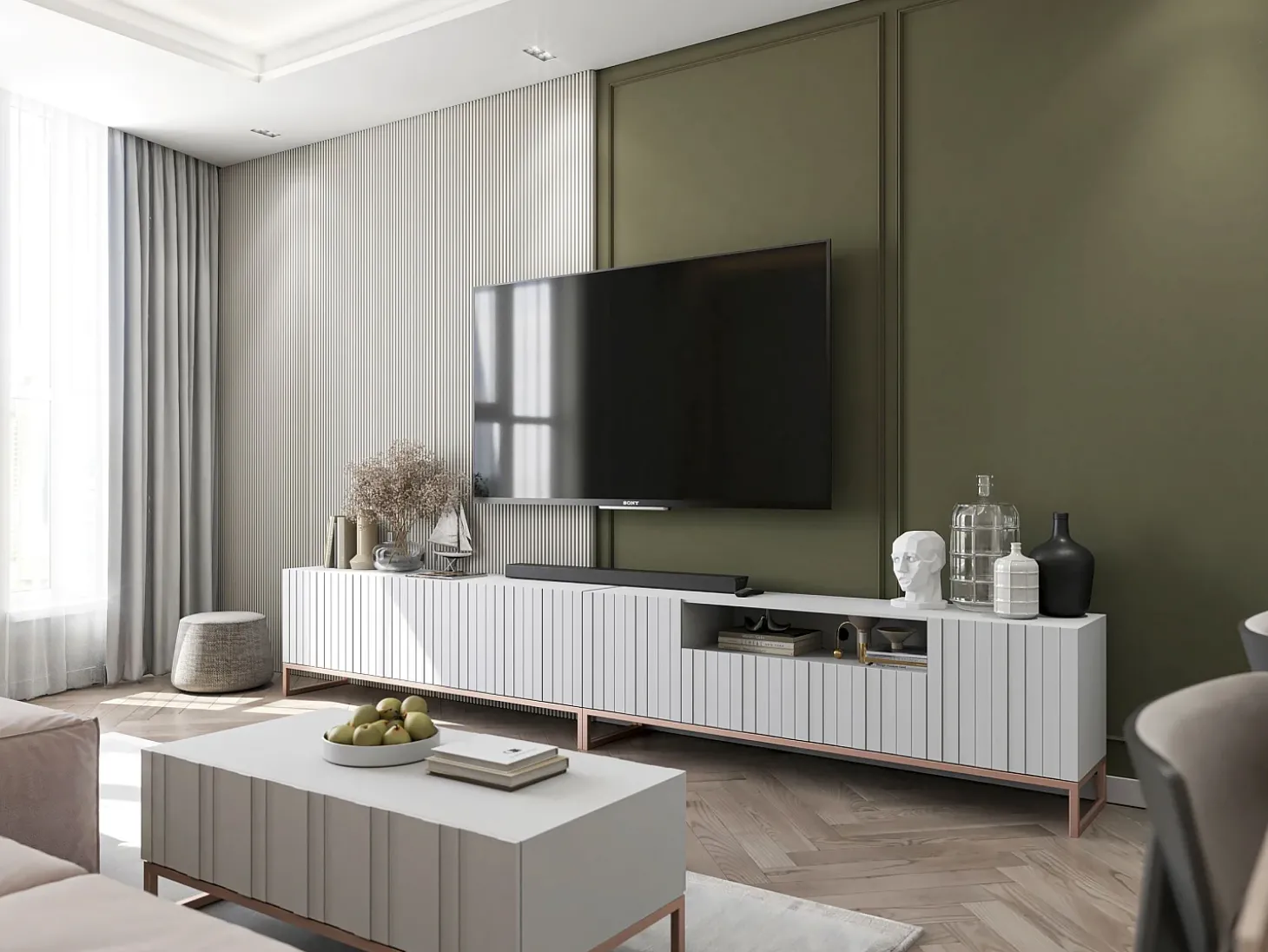 TV-meubel met 7 deuren en open nis – romp Mat wit, geribbelde fronten Mat wit – 300 cm, metalen frame