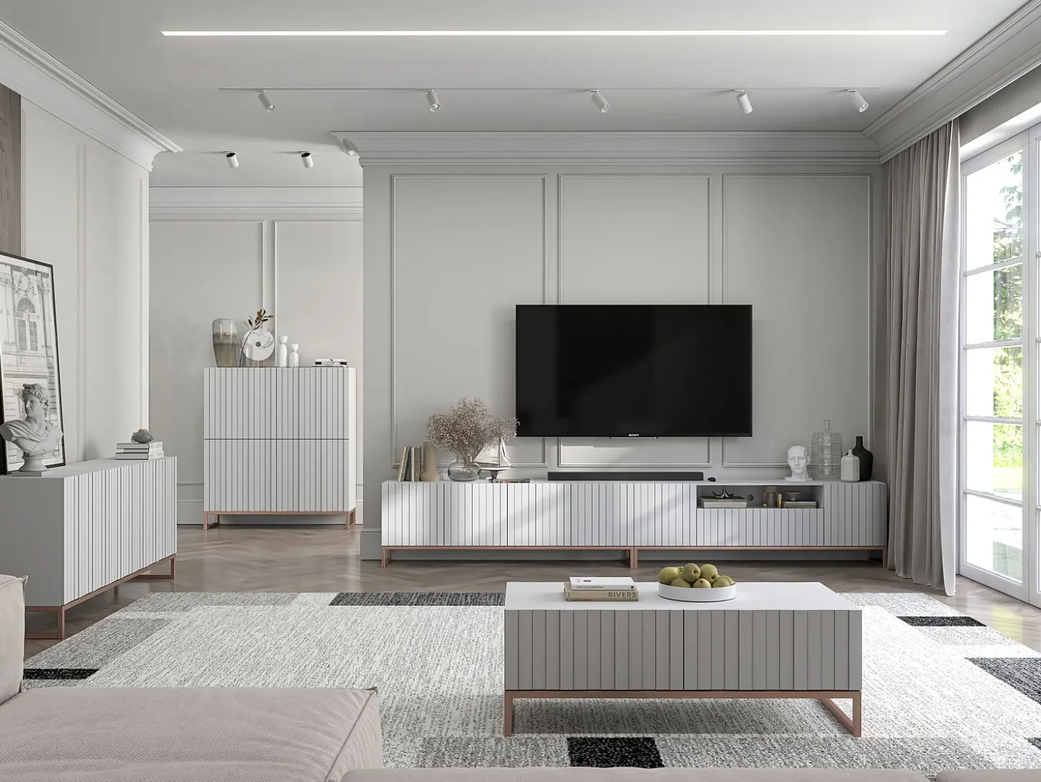 TV-meubel met 7 deuren en open nis – romp Mat wit, geribbelde fronten Mat wit – 300 cm, metalen frame