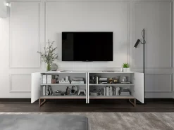 TV-meubel met 7 deuren en open nis – romp Mat wit, geribbelde fronten Mat wit – 300 cm, metalen frame