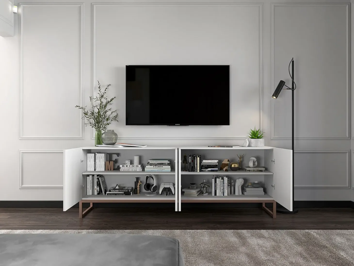 TV-meubel met 7 deuren en open nis – romp Mat wit, geribbelde fronten Mat wit – 300 cm, metalen frame