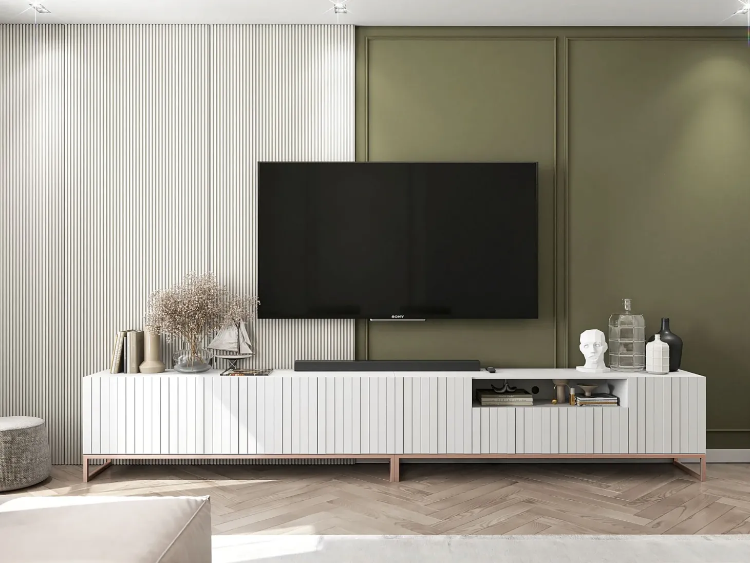 TV-meubel met 7 deuren en open nis – romp Mat wit, geribbelde fronten Mat wit – 300 cm, metalen frame