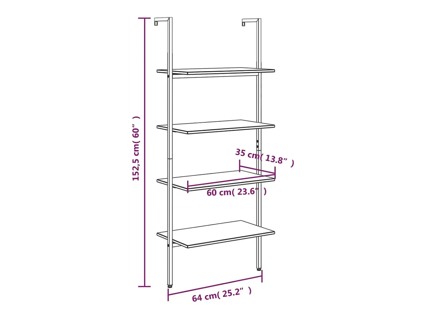 Unidade 4 prateleiras inclinada 64x35x152,5 cm preto