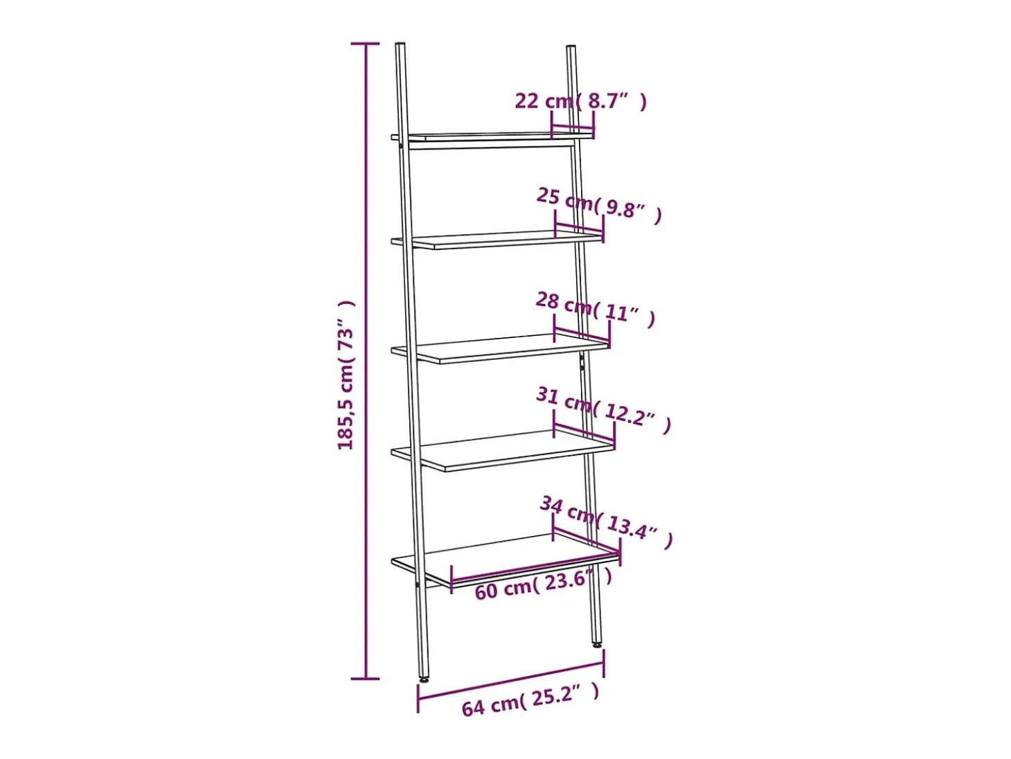 Unidade 5 prateleiras inclinada 64x34x185,5 cm preto