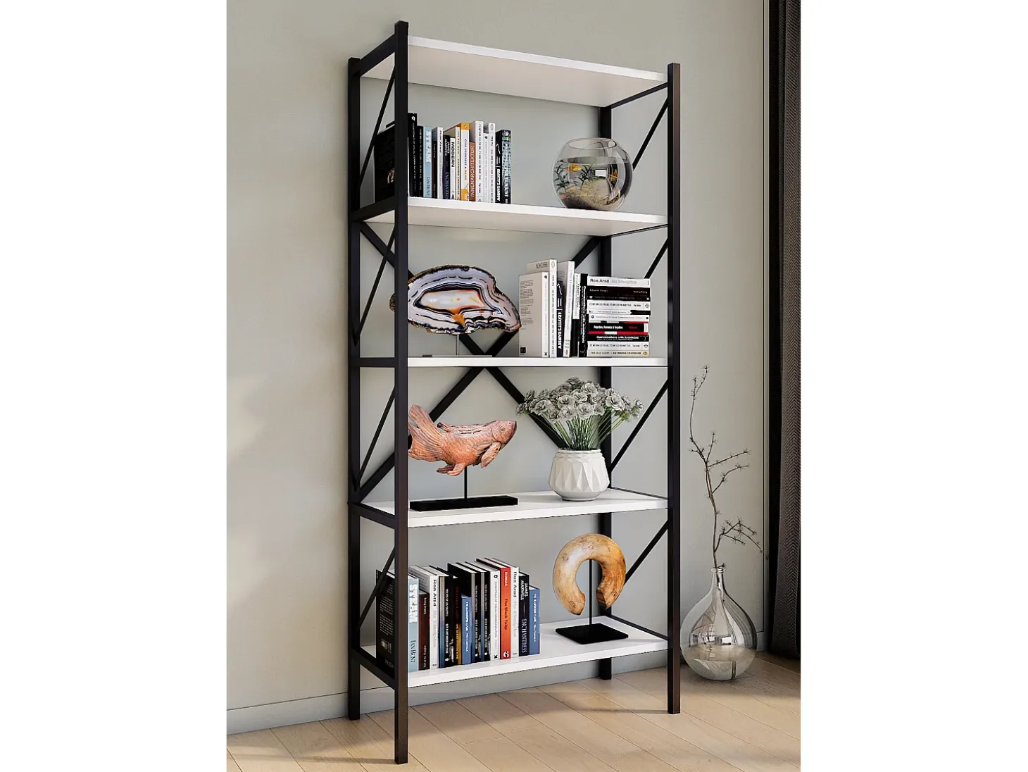 VCM Wood Metal Storage Stand Prateleira Estante Decoração Livros Stand Shelf Insasi 5 (Branco)