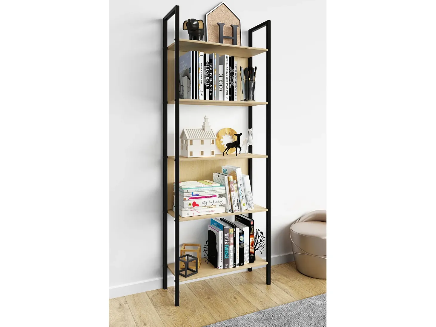 VCM Wood Metal Storage Stand Shelf Bookshelf Decoração Livros Stand Shelf Flakos 5 (Honey Oak)