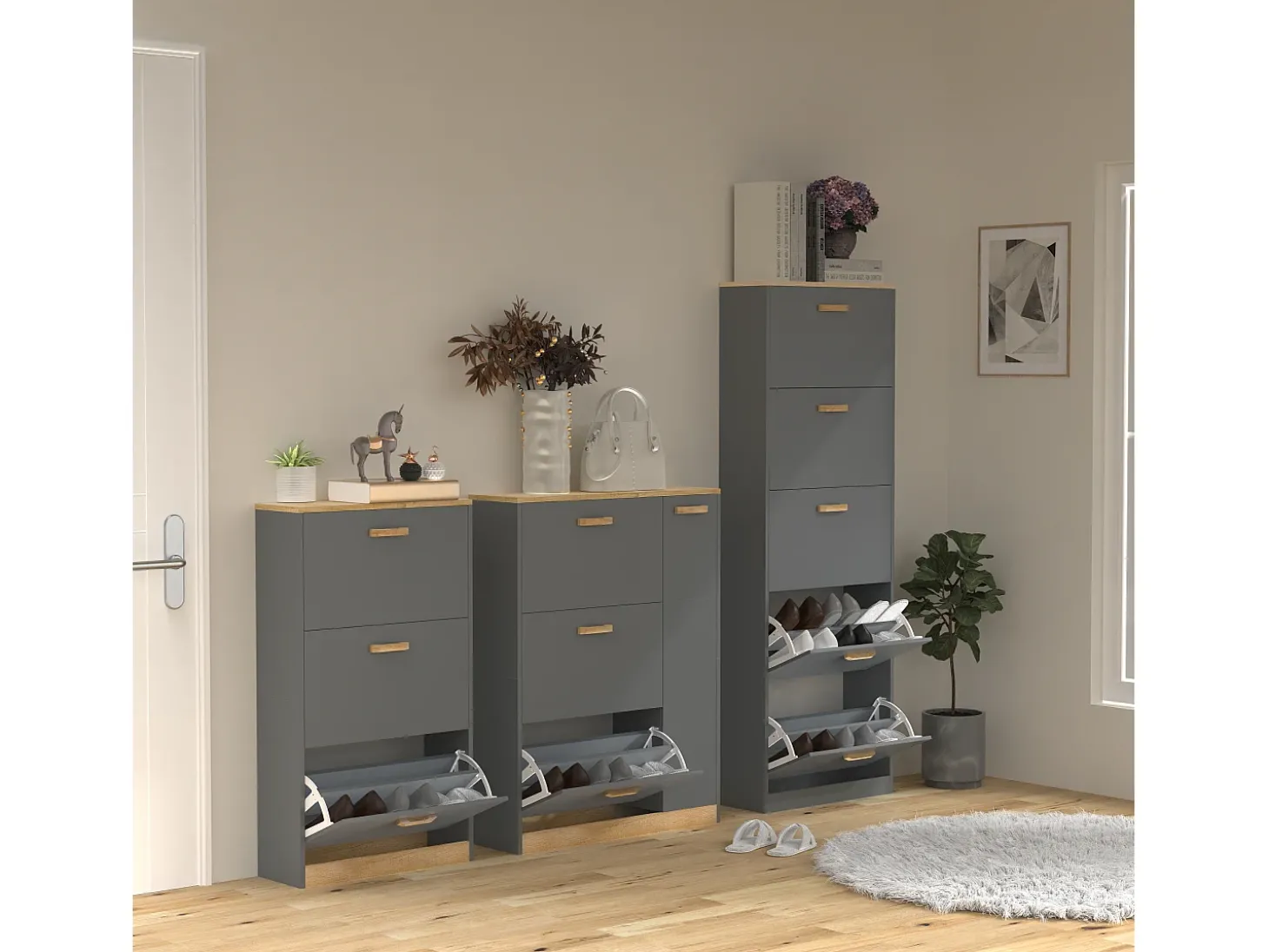 VCM Wood Shelf Kipper Sapato Sapato Sapato Sapato Tipper 3 Flaps 1 Turning Door Halom L (Anthracite)
