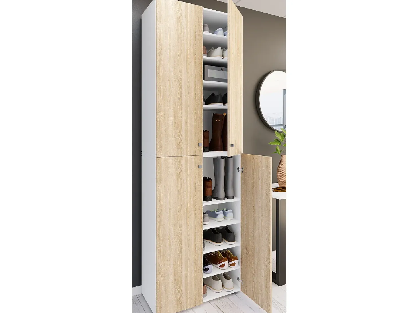 VCM XL Madeira Grande Sapato Gabinete Prateleira Grande Boots Boardcase Mobiliário Lona 10 Compartimentos Turning Doors (Branco / Sonoma Oak)