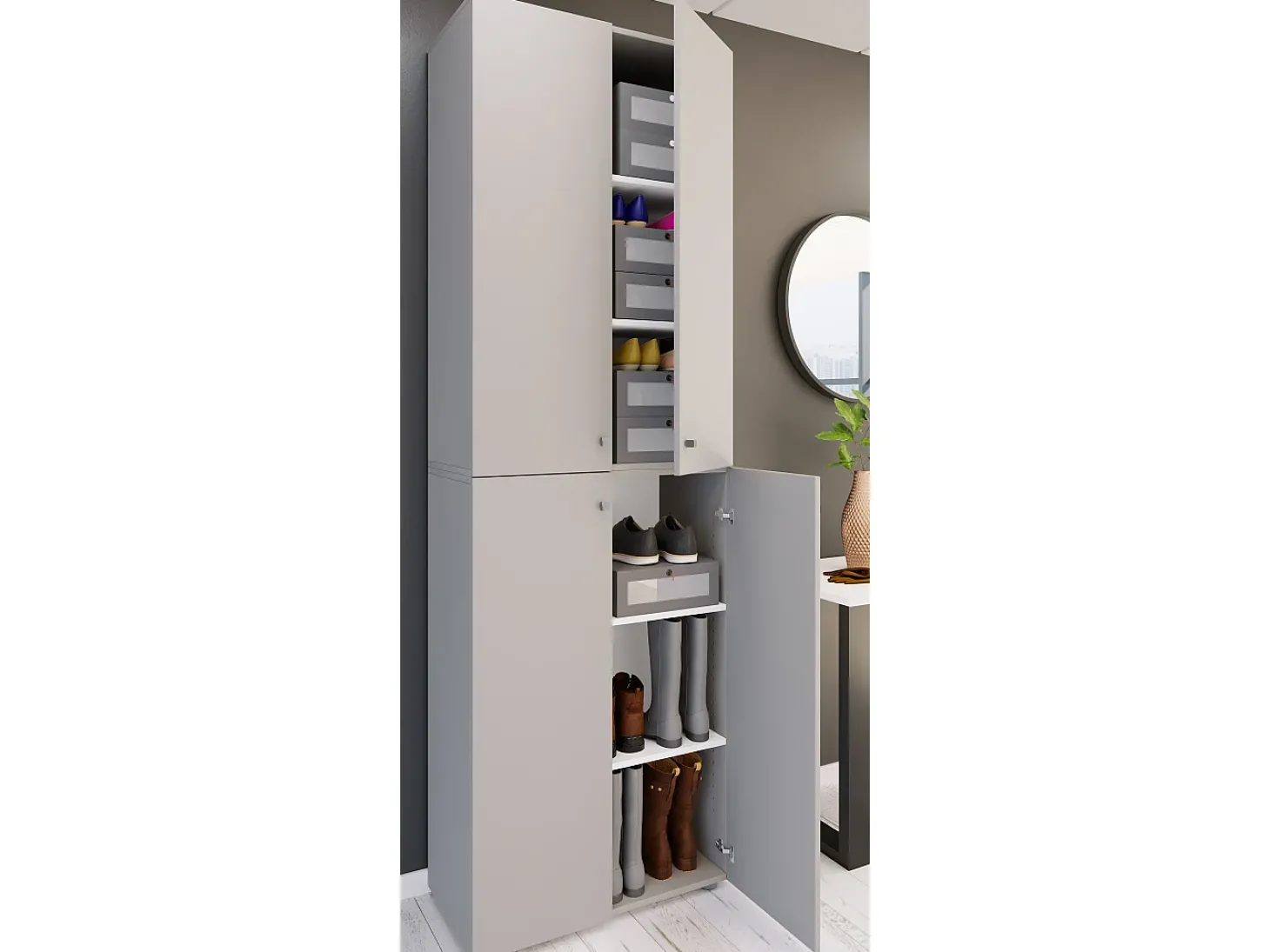 VCM XL Madeira Grande Sapato Gabinete Prateleira Grandes Botas Mobiliário de Piso Lona 6 Compartimentos Turning Doors (Cinza)