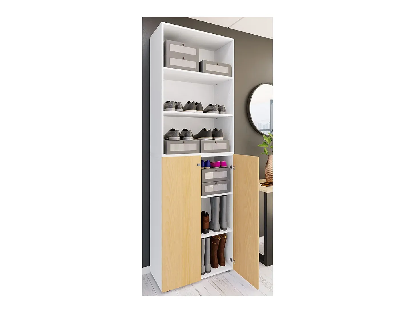 VCM XL Madeira Grande Sapato Armário Sapato Rack Botas Grandes Mobiliário de Piso Lona 6 Compartimentos (Branco / Faia)