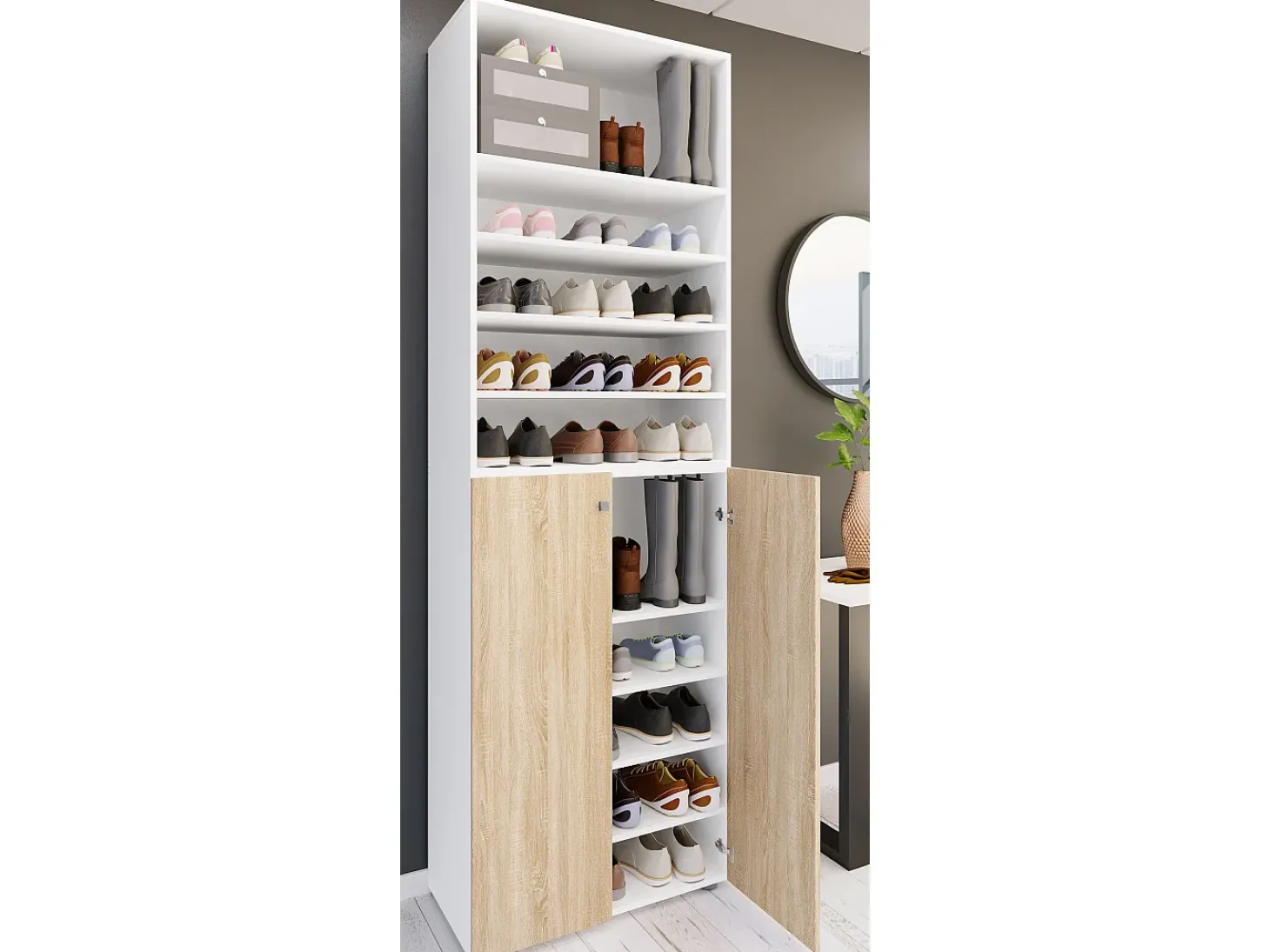 VCM XL Madeira Grande Sapato Gabinete Prateleira Grandes Botas Móveis de Piso Lona 10 Compartimentos (Branco / Sonoma Carvalho)
