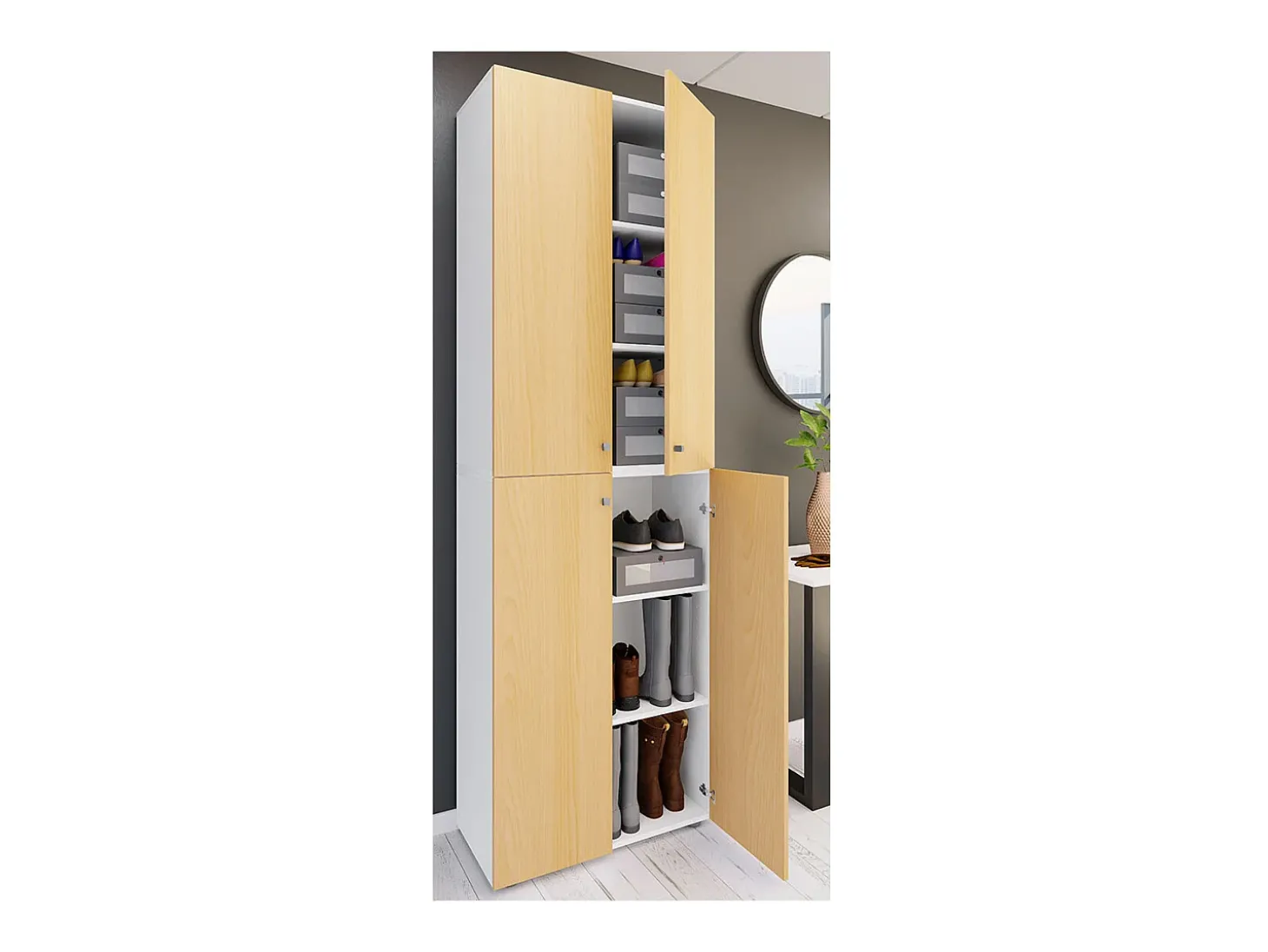 VCM XL Madeira Grande Sapato Gabinete Prateleira Botas Grandes BoardFurniture Lona 6 Compartments Turning Doors (White / Beech)