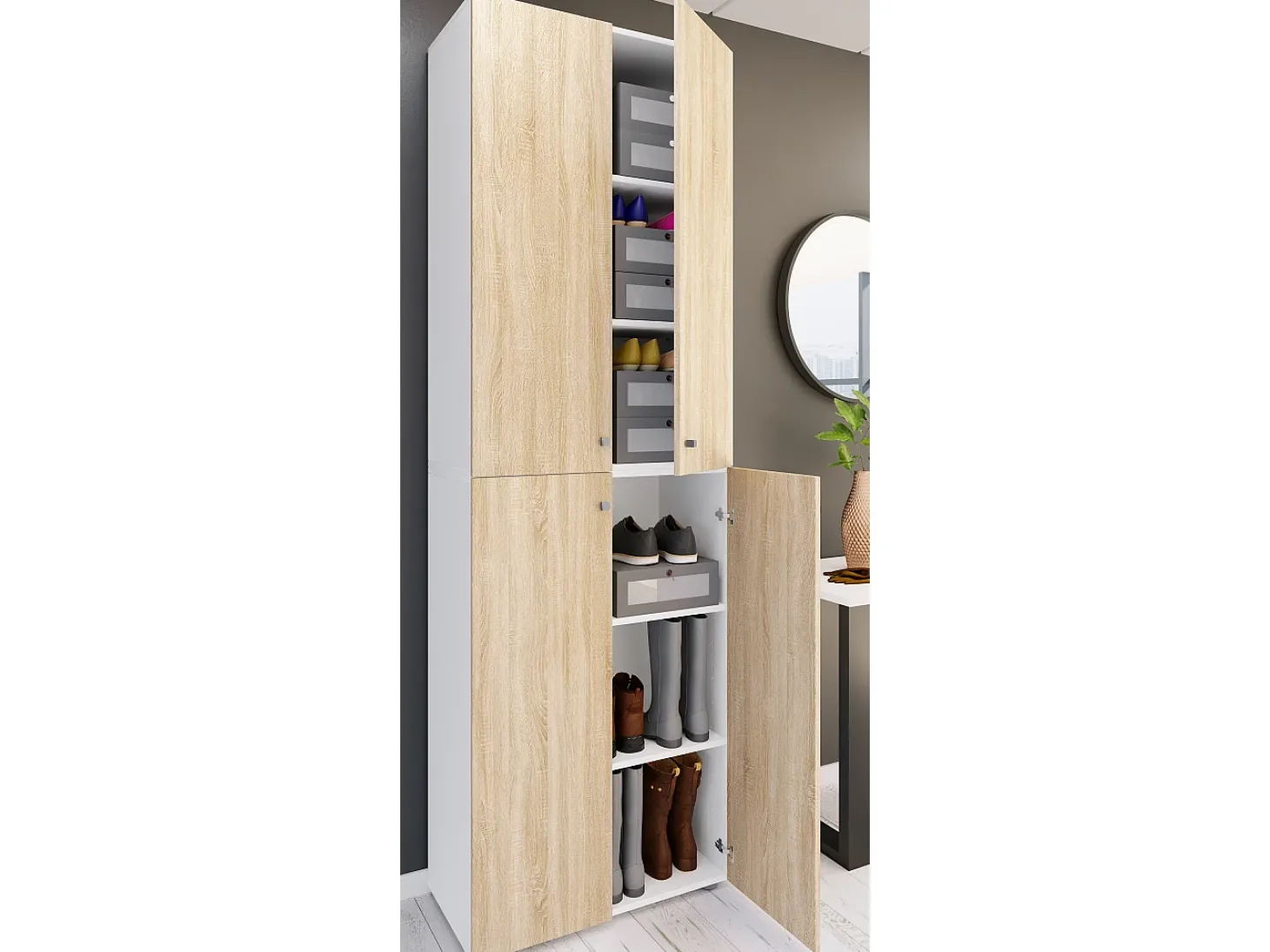 VCM XL Madeira Grande Sapato Armário Prateleira Grandes Botas Mobiliário de Piso Lona 6 Compartimentos Turning Doors (Branco / Sonoma Carvalho)