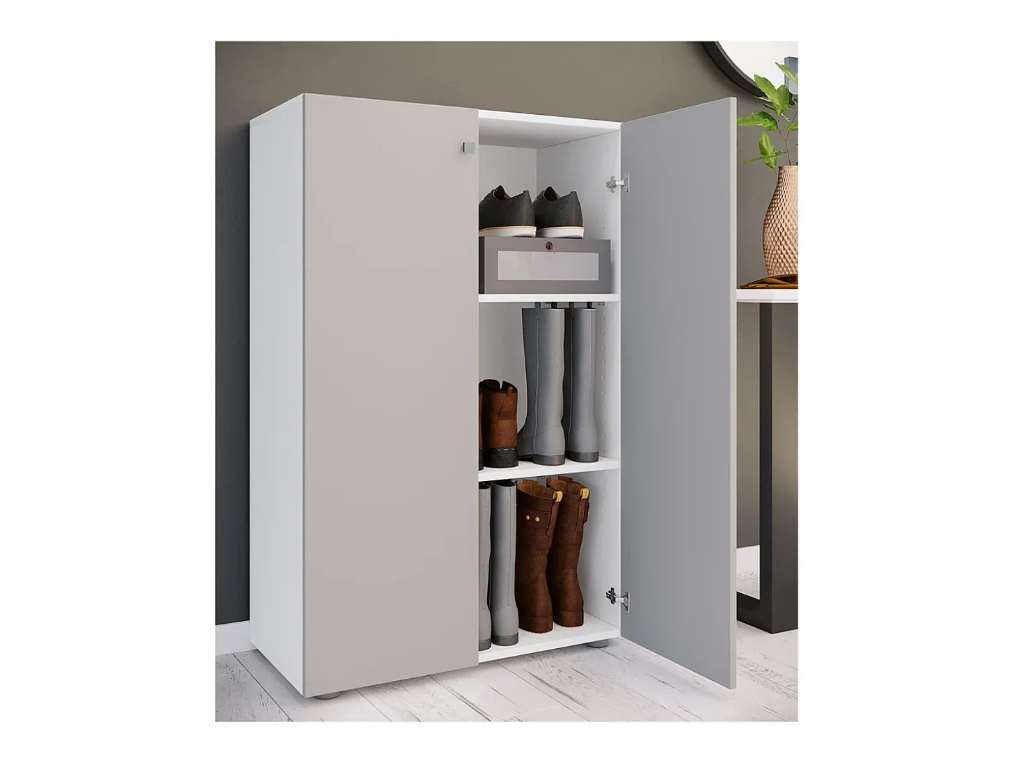 VCM XL Madeira Grande Sapato Gabinete Prateleira Grandes Botas Móveis de Piso Lona 3 Compartimentos (Branco / Cinza)