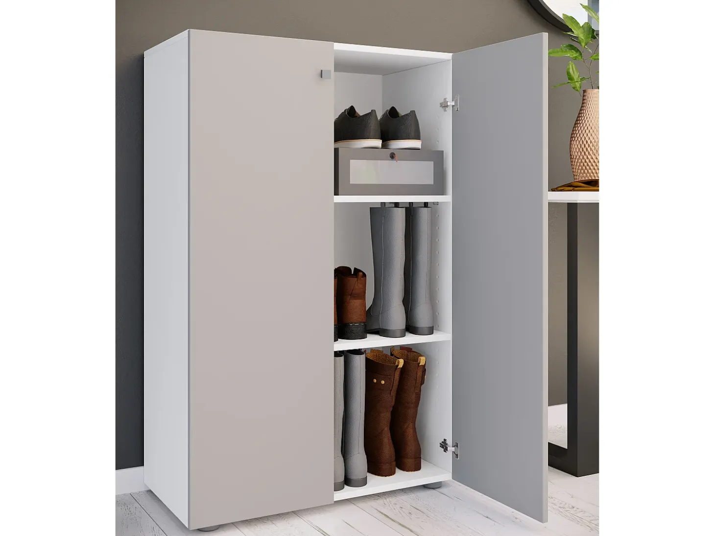 VCM XL Madeira Grande Sapato Gabinete Prateleira Grandes Botas Móveis de Piso Lona 3 Compartimentos (Branco / Cinza)