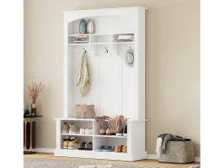 Vestiário branco com banco, sapateira, 3 ganchos e arrumação aberta 120x40x190 cm