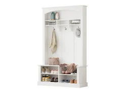Vestiário branco com banco, sapateira, 3 ganchos e arrumação aberta 120x40x190 cm
