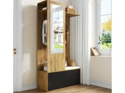 Vestiário com espelho - 100 x 38 x 191 cm - com sapateira + guarda-roupa + 2 portas + banco - MDF - natural