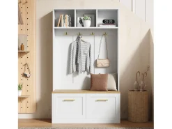 Vestiário de entrada moderno 105x40x180cm - con 2 portas - con móvel para sapatos e ganchos - prateleiras abertas - Branco + Natural