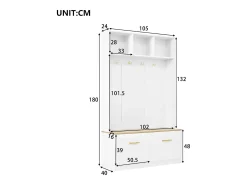 Vestiário de entrada moderno 105x40x180cm - con 2 portas - con móvel para sapatos e ganchos - prateleiras abertas - Branco + Natural