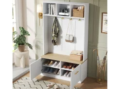 Vestiário de entrada moderno 105x40x180cm - con 2 portas - con móvel para sapatos e ganchos - prateleiras abertas - Branco + Natural