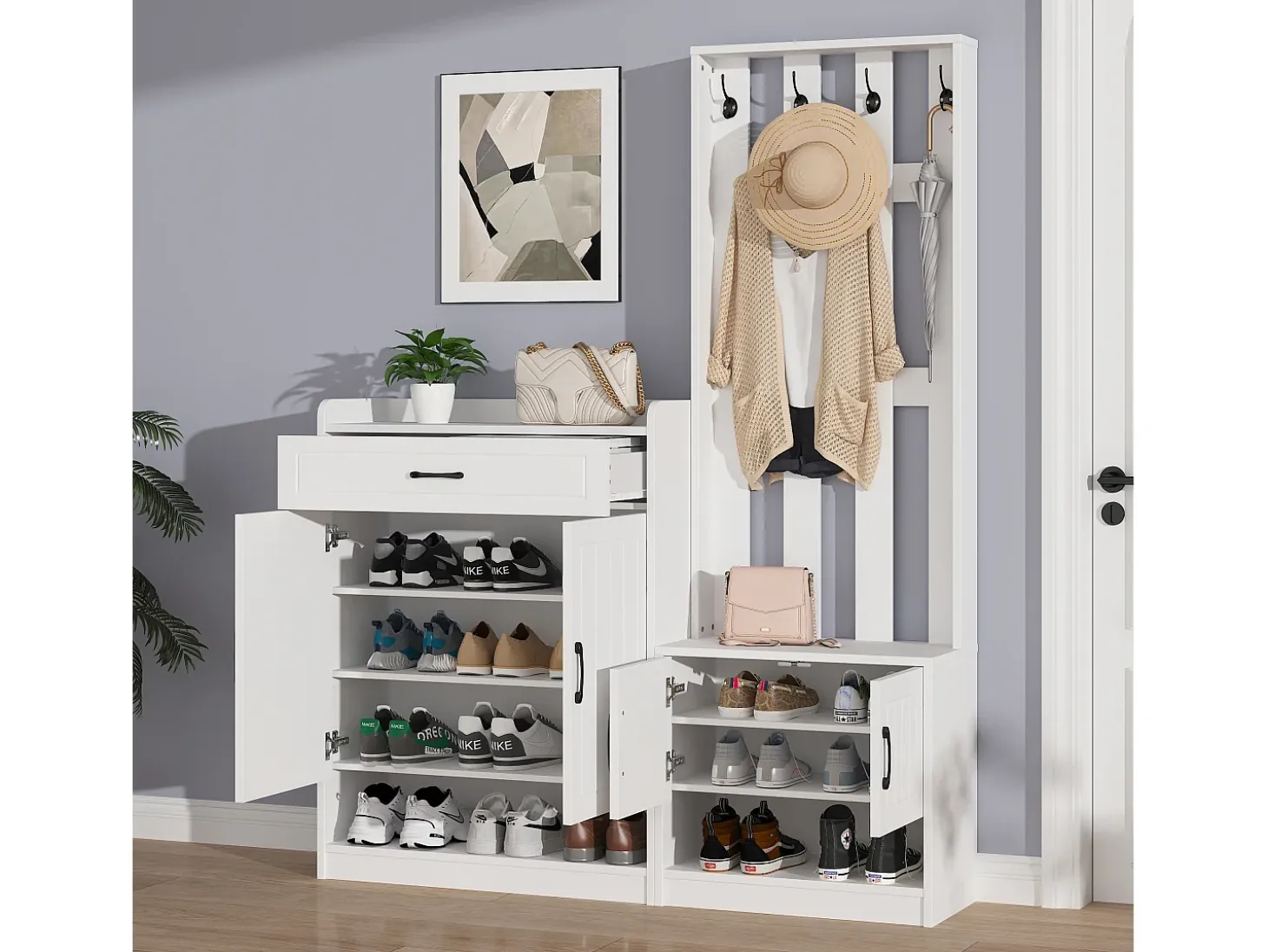 Vestiário moderno - com cabideiro e armários para sapatos - com ganchos e gaveta - Branco
