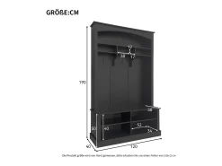 Vestiário preto com banco, sapateira, 3 ganchos e arrumação aberta 120x40x190 cm
