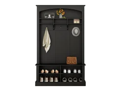 Vestiário preto com banco, sapateira, 3 ganchos e arrumação aberta 120x40x190 cm