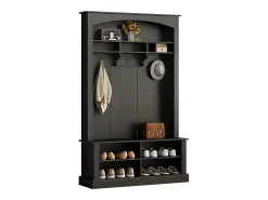 Vestiário preto com banco, sapateira, 3 ganchos e arrumação aberta 120x40x190 cm