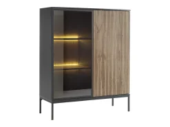 Vitrina 2 portas com LEDs MDF e vidro fumado natural e preto OVILA