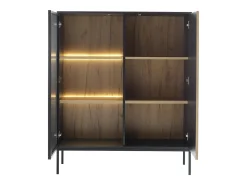 Vitrina 2 portas com LEDs MDF e vidro fumado natural e preto OVILA