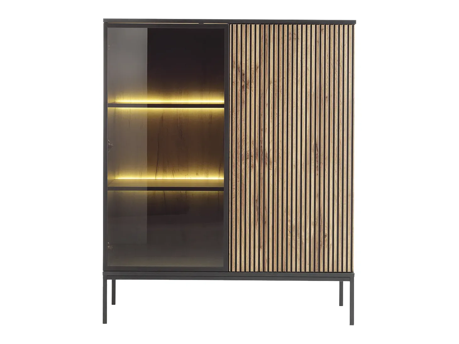 Vitrina 2 portas com LEDs MDF e vidro fumado natural e preto OVILA