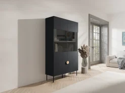 Vitrina 2 portas e 4 nichos com LEDs preto e dourado - NATANIEL