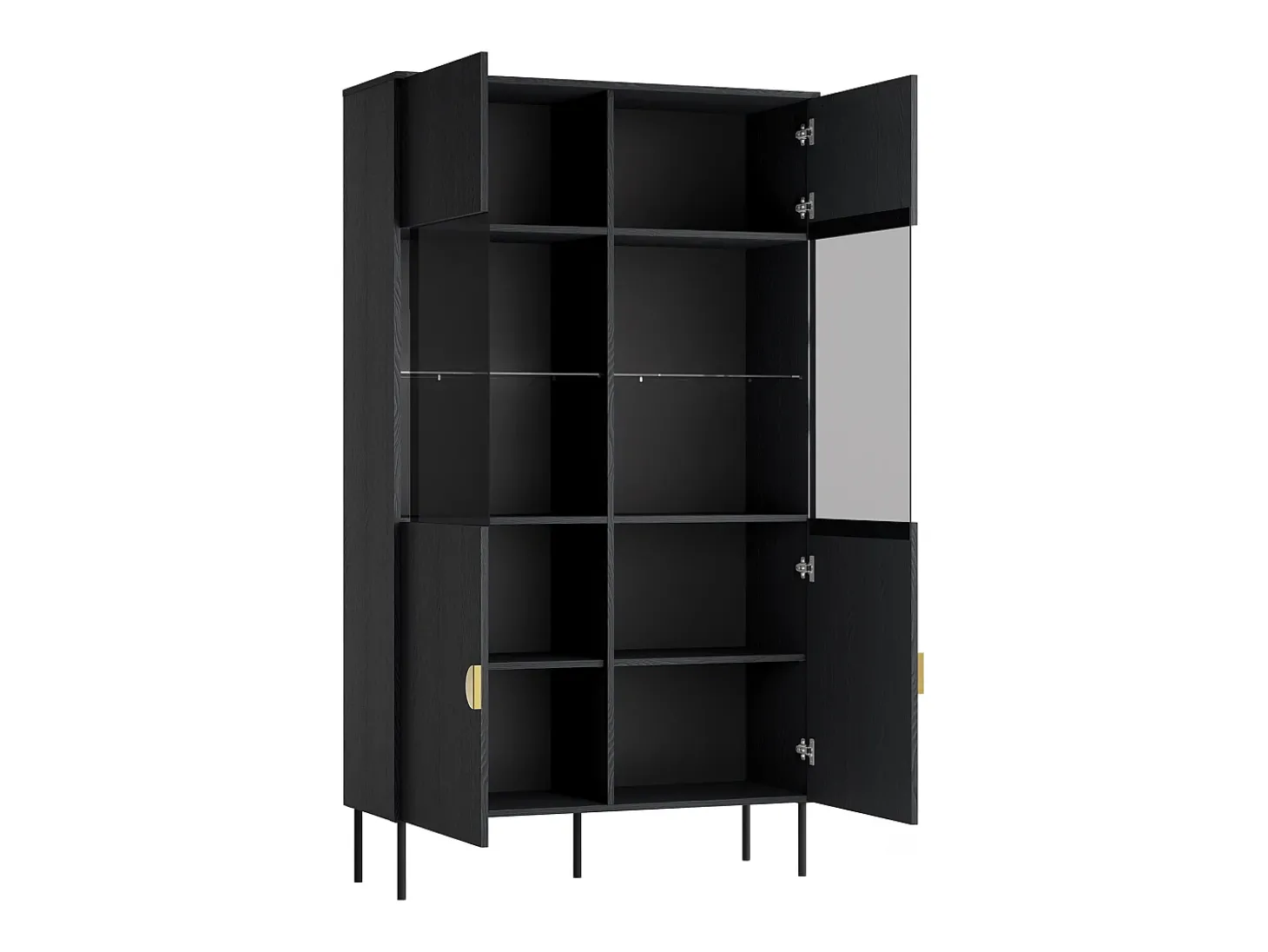 Vitrina 2 portas e 4 nichos com LEDs preto e dourado - NATANIEL