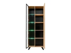 Vitrina alta de design com 2 portas e iluminação LED integrada, coleção NIELSEN. Cores em carvalho claro e preto.