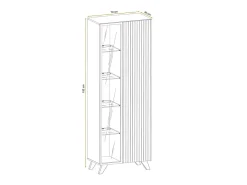 Vitrina alta de design com 2 portas e iluminação LED integrada, coleção NIELSEN. Cores em carvalho claro e preto.