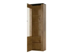 Vitrina alta design com 1 porta, coleção SANTIAGO. Cor nogueira e preto com efeito de madeira.