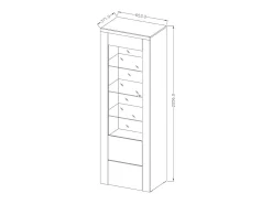 Vitrina alta design com 1 porta, coleção SANTIAGO. Cor nogueira e preto com efeito de madeira.